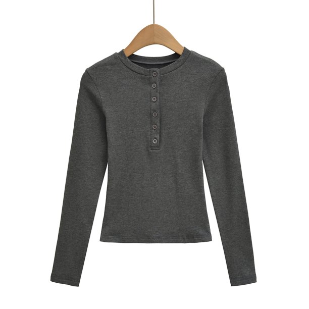 2555-25 Autumn New French Pure and Delicate Style Round Neck Button-Down Long Sleeve Fleece-Lined Warm Slim Fit Base Shirt T-Shirt