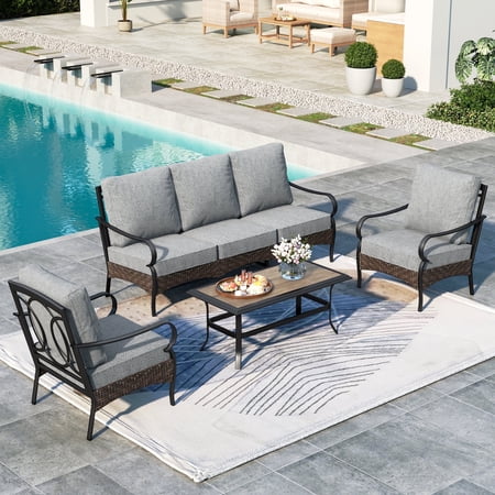 SUMMIT LIVING 4-Piece Outdoor Patio Conversation Set with Wood-look Coffee Table Outdoor Patio Furniture Set for 5 People Gray