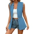 thumbnail image 2 of Women Long Vests Blazer Jackets Button Front Notch Lapel Elastic Waist Mid Length Sleeveless Waistcoat for Business Casual Blue S, 2 of 8