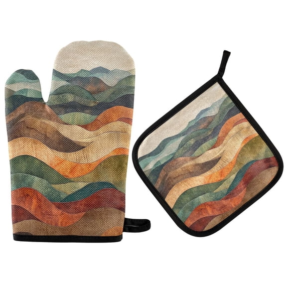Yayeee Oven Mitts and Pot Holder Set of 2 Heat Resistant Kitchen Gloves Baking Hot Pad, Abstract Wavy Landscape