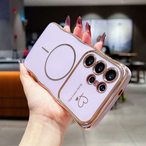 For Samsung Galaxy S23 Plus Case for Women Girls [Compatible with MagSafe] Cute Curly Wave Shape, Magnetic Love Heart Pattern with Camera Lens Cover Luxury Plating Shockproof Phone Case,Purple