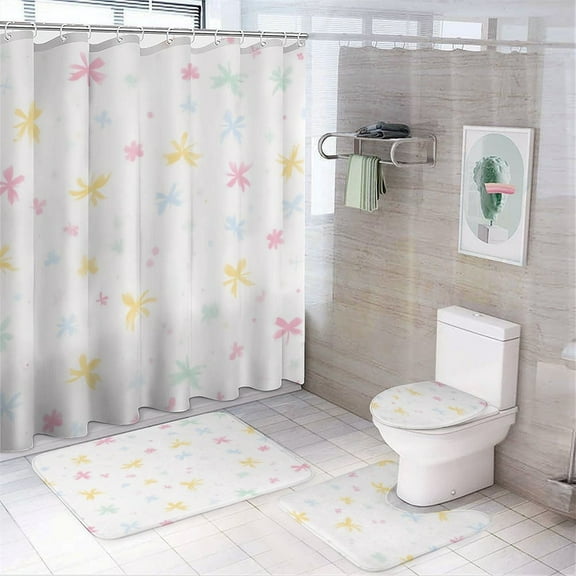 Colorful Floral Pattern Shower Curtain Sets Non-Slip Rugs Bath Mat Toilet Cover U Shaped Mat 4 Pcs