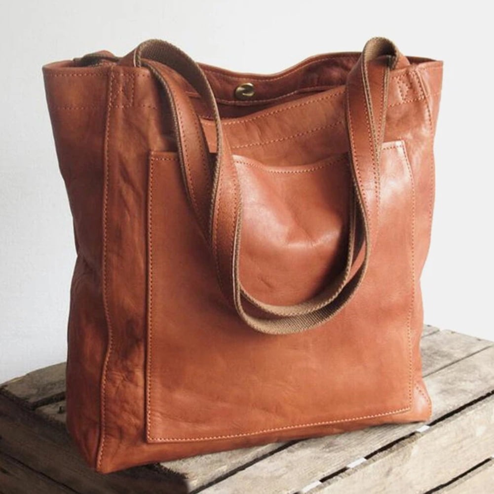 Clairlio Retro Women Casual Soft Pu Leather Solid Color Large Capacity Tote Shoulder Bags Brown 16.55 14.18 5.12in