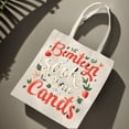 thumbnail image 2 of Colorful Canvas Tote Bag with " Bumten den sock man Cants " Design Leaf Accents Perfect for Shopping Travel & Parties, 2 of 6