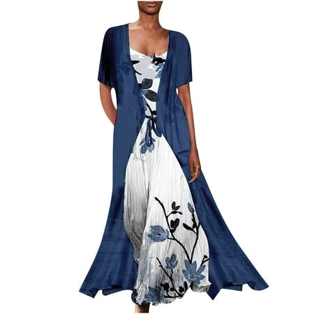 

2 Piece Outfit for Women Summer Elegant Sleeveless Straps Chiffon Tulle Cardigan Round Neck Short Sleeve Maxi Beach Dress