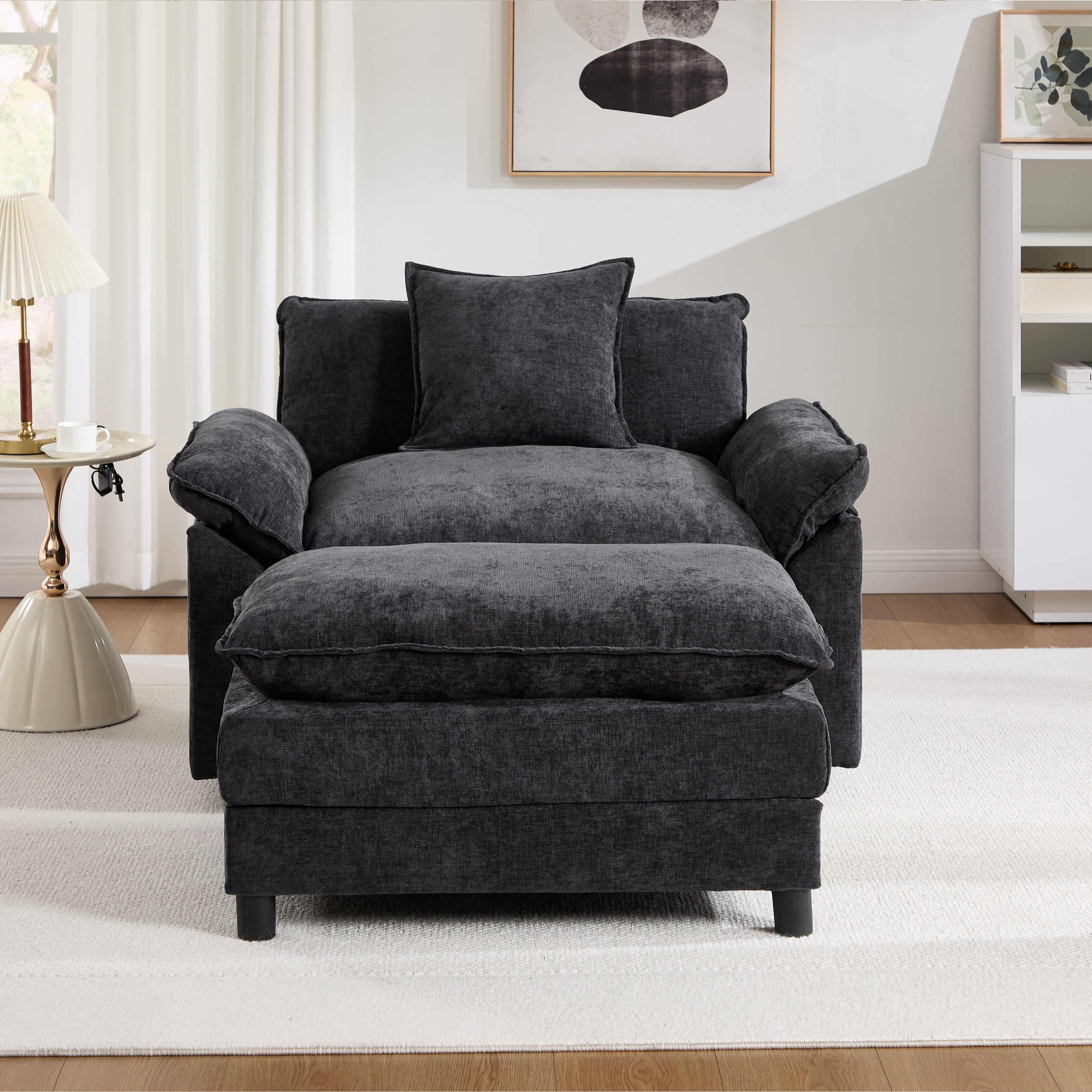 44.5" Accent Chair with Ottoman Club Chair Chenille Upholstered Armchair