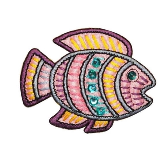 ID 0208B Tropical Ancient Fish Patch Shiny Sequins Emblem Iron On Applique