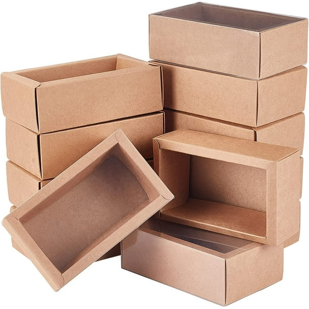 Paquete de 12 cajas rectangulares marrones de cartón kraft de 18 x 13 x 4 cm con ventana de plástico PVC, ideales para obsequios de fiesta, dulces y manualidades de joyería.