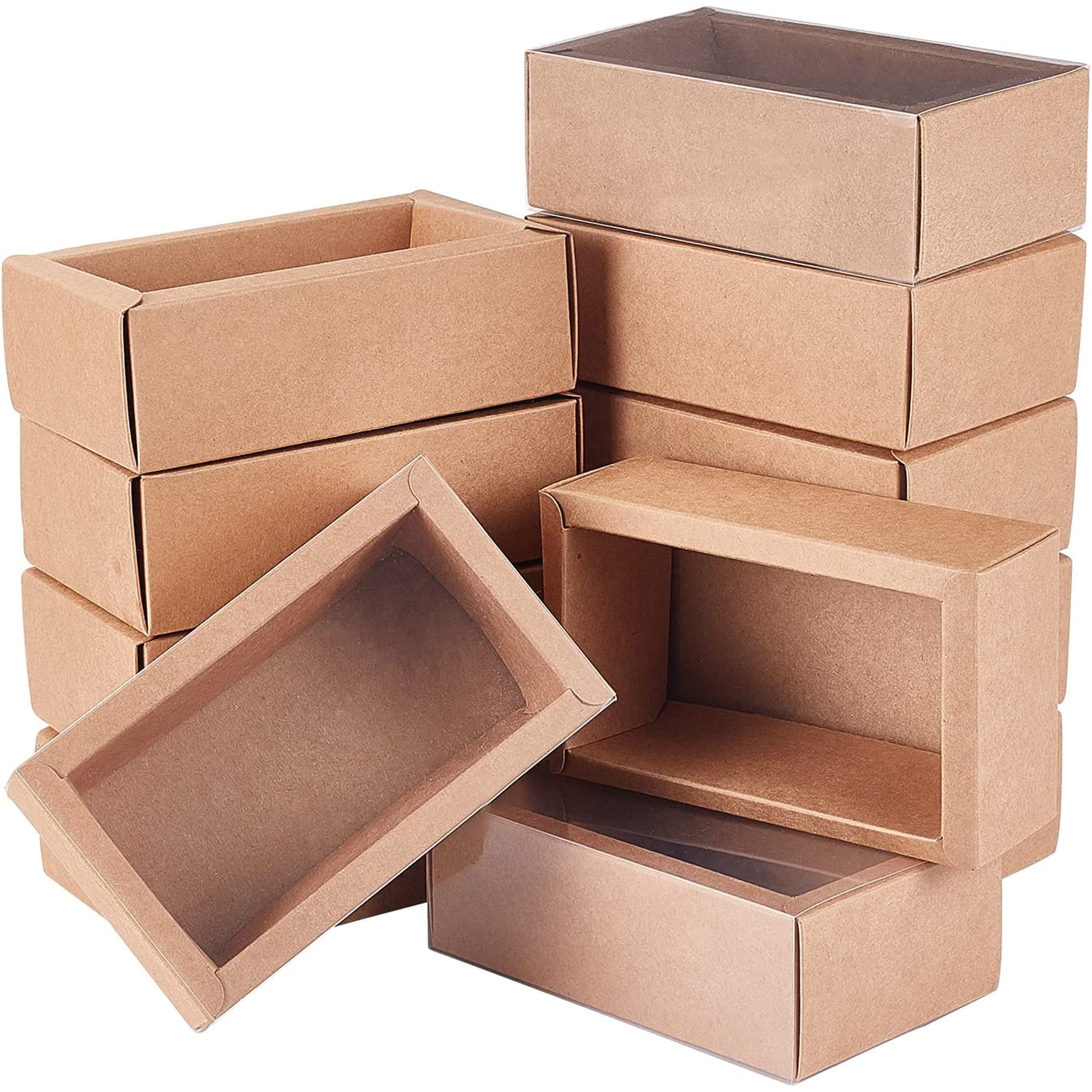 12 Pack 7x5x1.5 Inch Brown Rectangle Drawer Kraft Boxes with PVC Plastic Window for Party Favor Treats Candy and Jewelry Crafts DIY BurlyWood