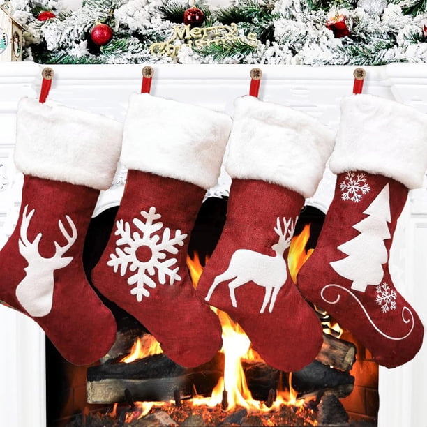 Medias de Navidad, 4 piezas de medias de Navidad, arpillera con medias de puño de felpa grandes, para decoraciones de fiesta de Navidad de vacaciones familiares