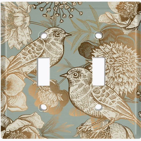 Metal Light Switch Wall Plate Outlet Cover (Vintage Gold Bird Botanical Pattern - Double Toggle)