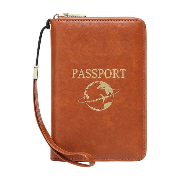 Brown PU RFID-Blocking Passport Holder, 17x12cm Slim Wallet with Zipper and Wrist Strap, Secures Passport, Cards, and Boarding Passes for Travel