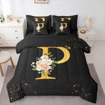 Homewish Gold Cartoon Monogrammed Bedding Comforter Set 7-Piece for Female, Initial P Letter King Bedding Sets, Groovy Rose Flower Reversible Bed Sheets, Breathable Home Decor