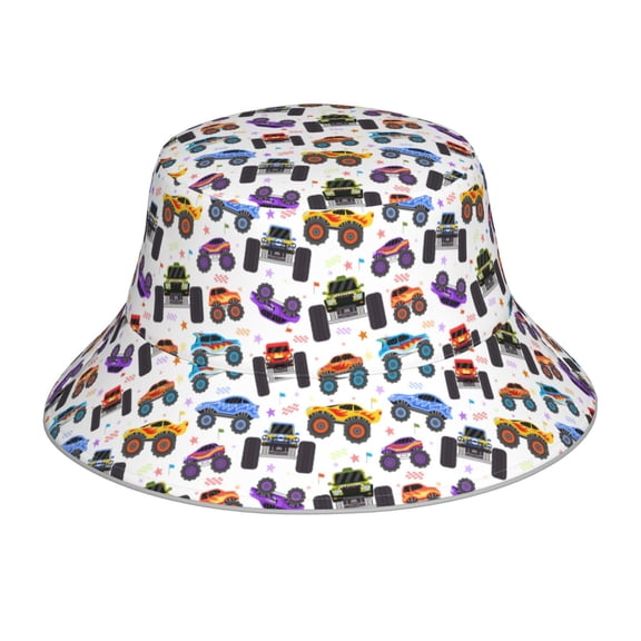 Vsdgher Cartoon Monster Trucks1 Print Bucket Hat for Men&Women Bucket Hat Reversible Summer Double-Side-Wear Travel Gardening, Beach, Camping, Hiking, Fishing Cap