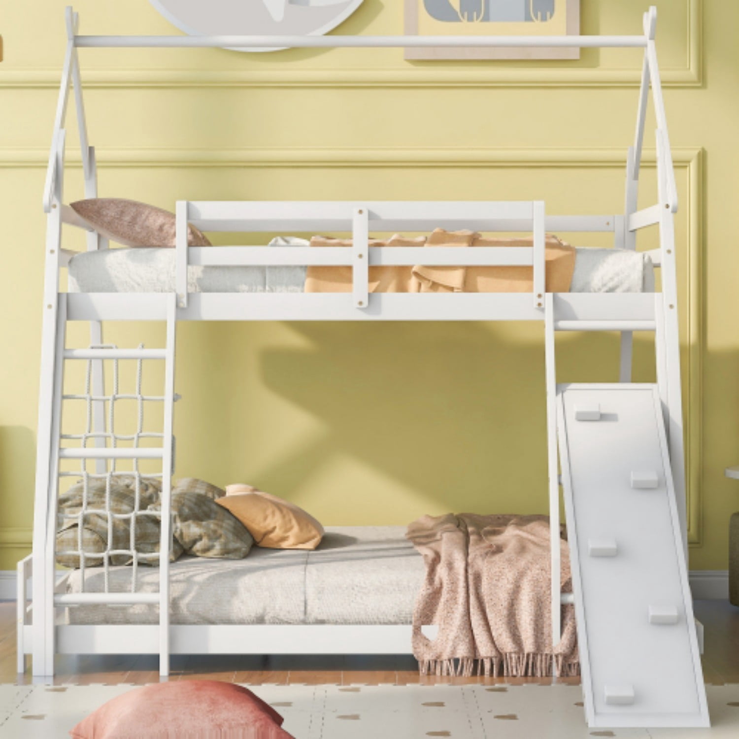 Twin Over Queen House Bunk Bed with Climbing Net & Ramp, Wooden Loft Bed with Guardrails, Space Saving Kids Bunk Bed for Bedroom, White