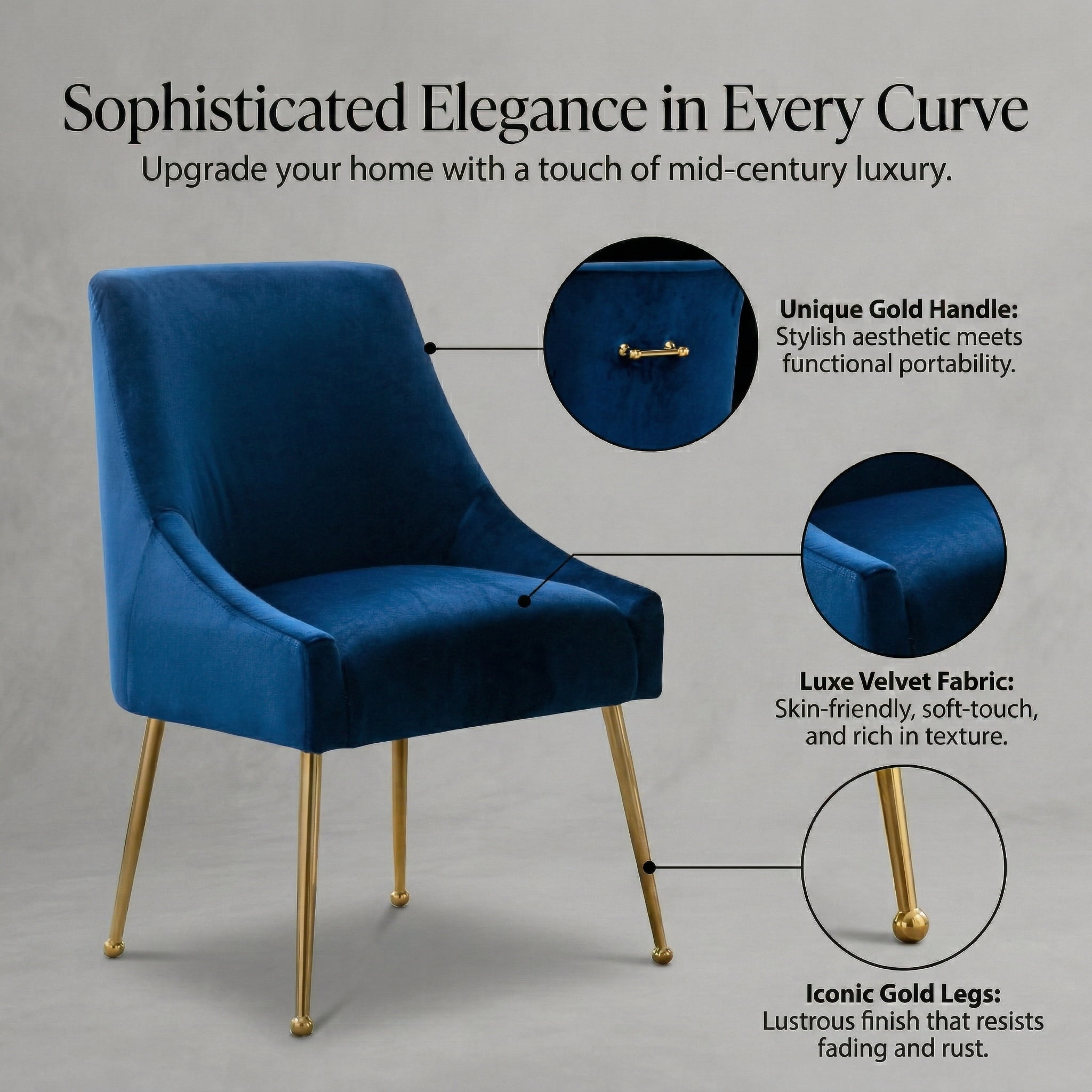 Restworld Velvet Dining Chairs Set of 2, Modern Upholstered Dining Chairs with Gold Metal Legs,Tufted Dining Chairs for Living Room, Bedroom, Kitchen,Blue
