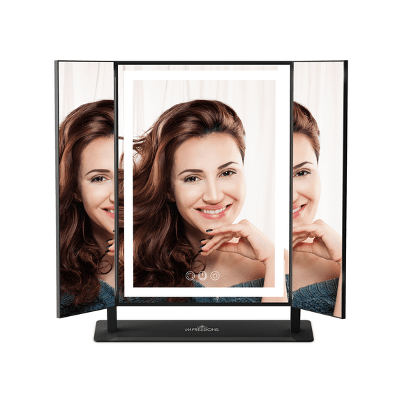 Impressions Vanity Trifold LED Makeup Mirror for Desk, Lavish Tri Tone Vanity Mirror With Touch Control (Black)