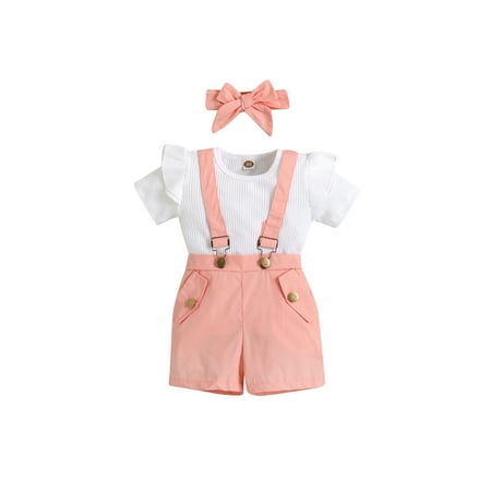 

Girls Solid Ruffle Short Sleeve T-shirt Tops and Casual Suspender Shorts Headband Set