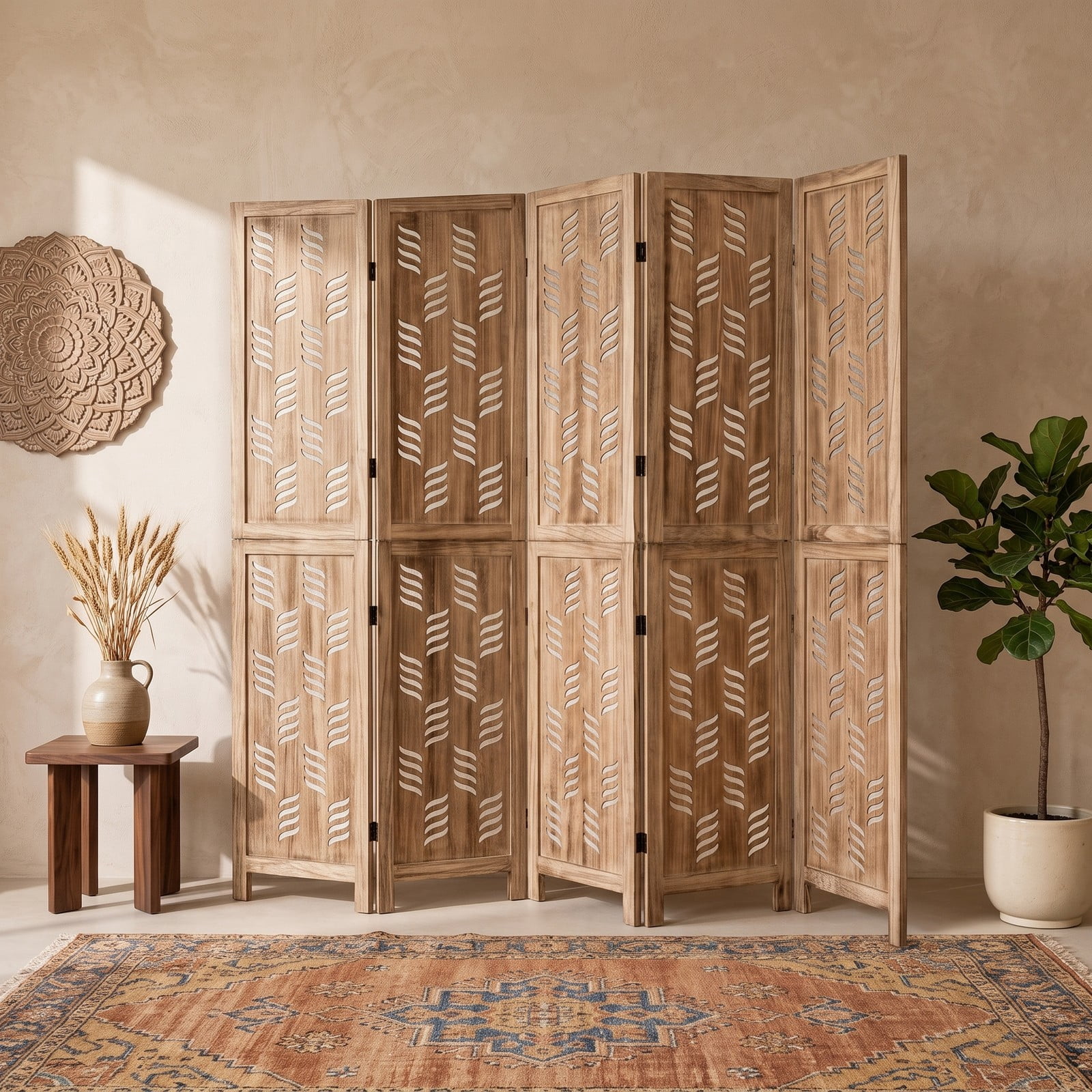 ALPULON 5.5 FT Tall 6-Panel Folding Room Divider Privacy Screen with Wave Cutout and Paulownia Wood Frame for Living Room Bedroom Office, Brown