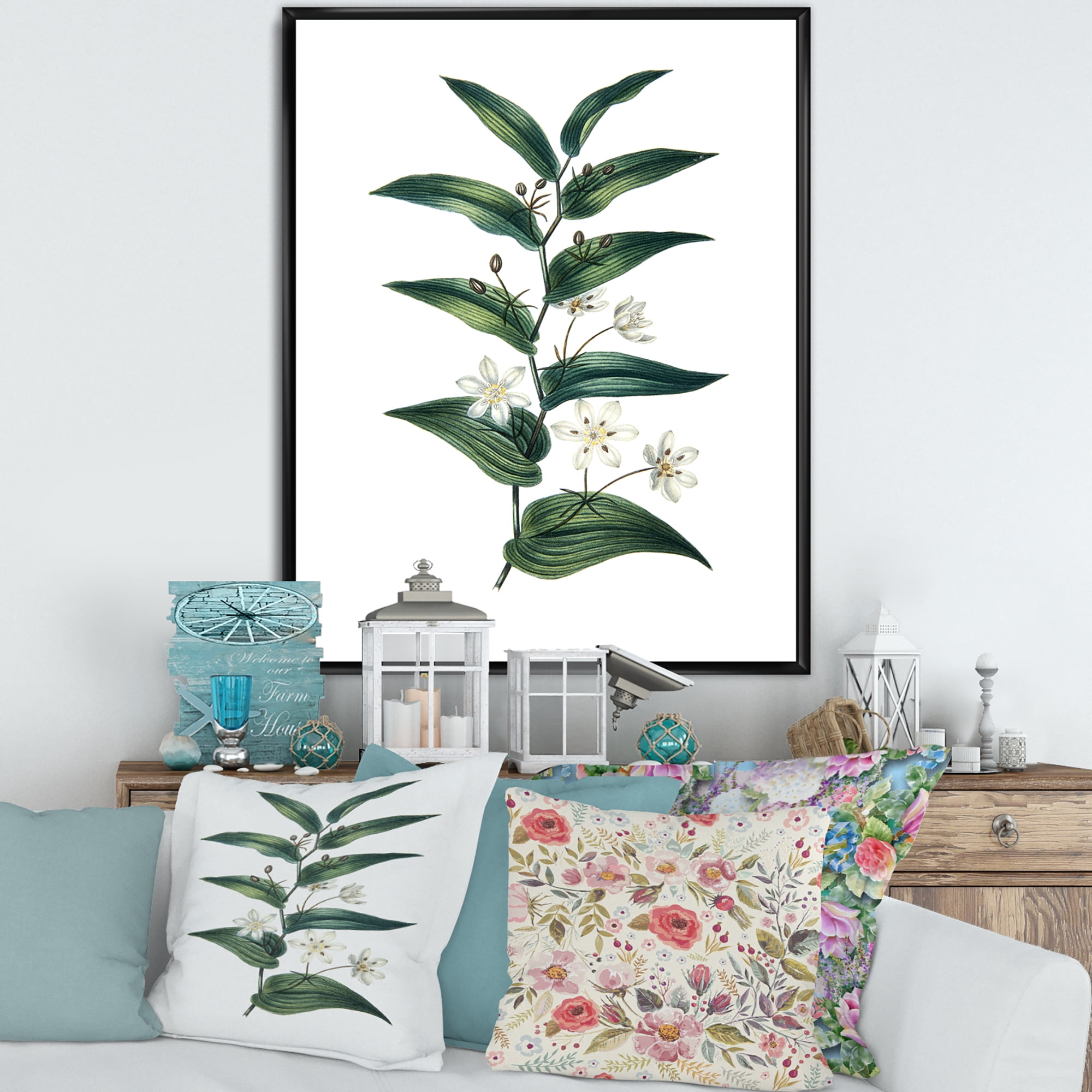 Designart 'Little White Flowers With Ancient Plant' Farmhouse Framed Canvas Wall Art Print