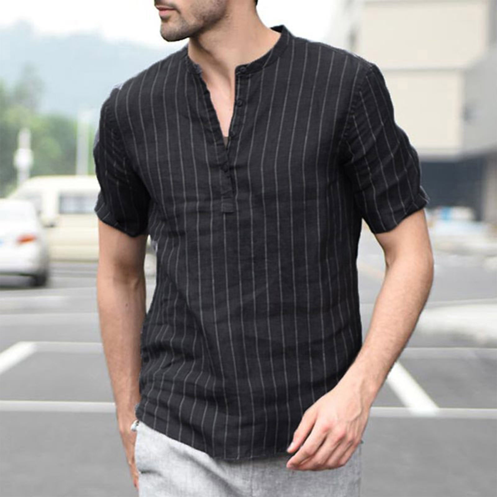 Mens Casual Linen Shirt Tronet Summer Mens Casual Striped Stand Collar 7 Points Sleeve Button Cotton Shirt Top