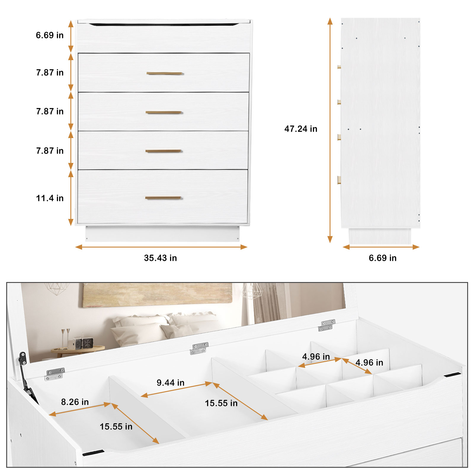 Oumilen 5 Drawer Wood Lift Top Dresser with Inside Mirror, White