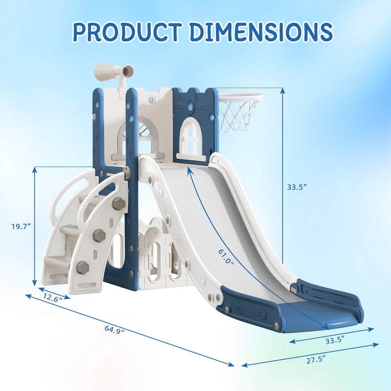 6 in 1 Kids Indoor Slide for Toddlers 1-3,Blue,Baby Slide for Indoor Outdoor with Basketball Hoop and Telescope,L Shaped Slide