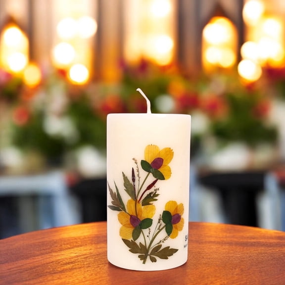 Large Size Scented Pillar Candle, 12cm Tall, 6.5 cm Diameter, Decorative Floral Design, Smokeless and Dripless | Long Lasting Burn Time 17 Hours Gift Diwali Decor (Sandalwood)