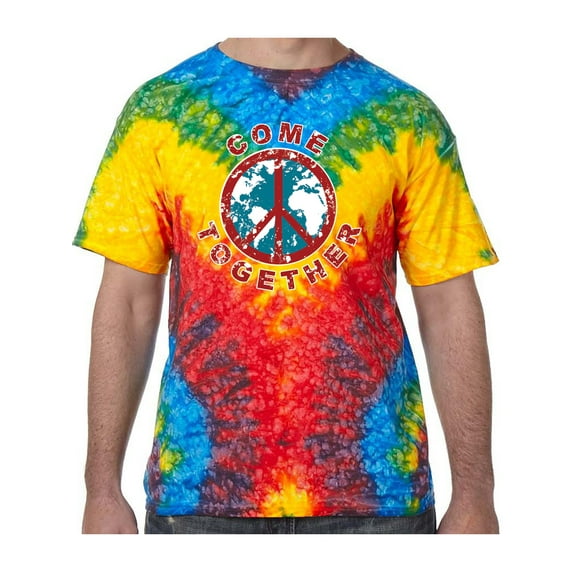 Come Together Peace Sign Psychedelic Tie Dye Tee Shirt - Woodstock, Large