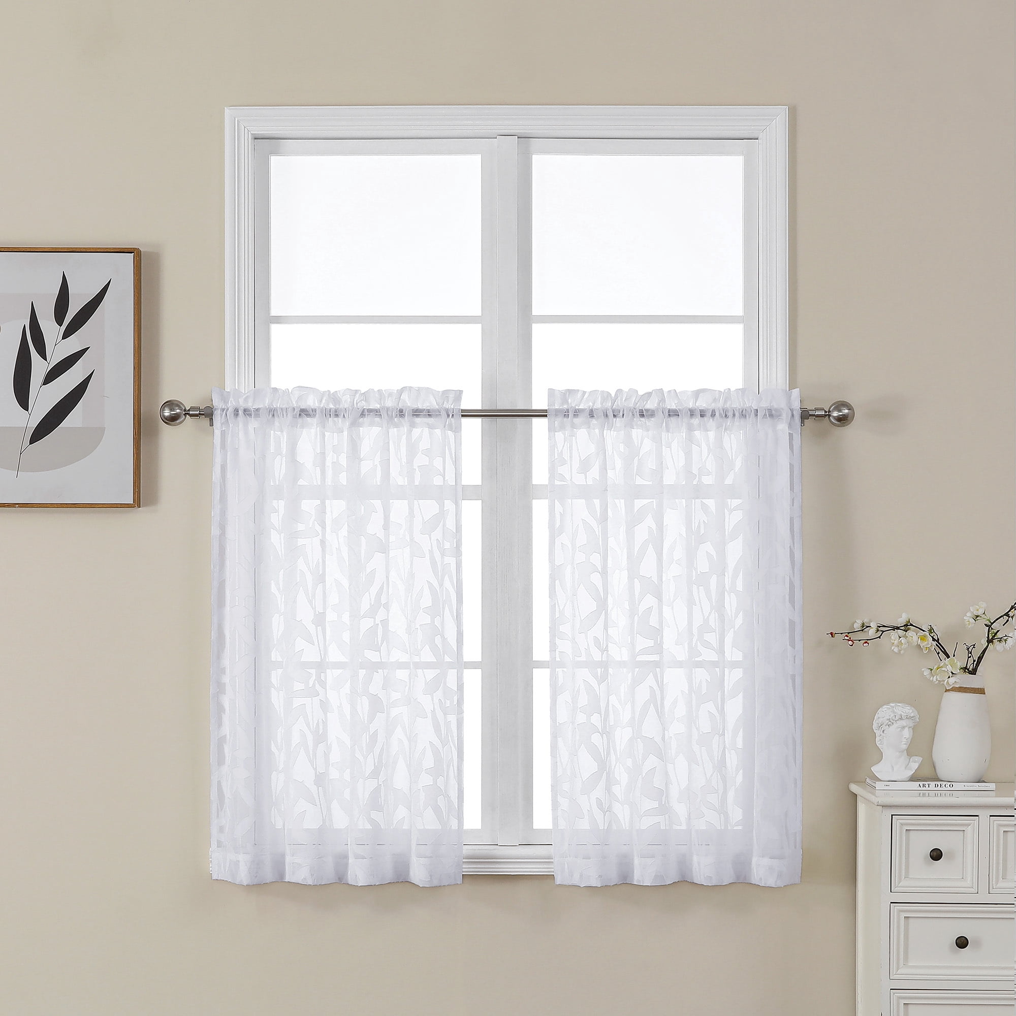 OVZME Leila White Sheer Kitchen Curtains 36 Inches Long 2 Panels Set, Light Filtering Jacquard Sheer Tiers Drapes,Soft Living Room Curtains for Small Windows with Dual Rod Pocket, 40W x 36L Inch