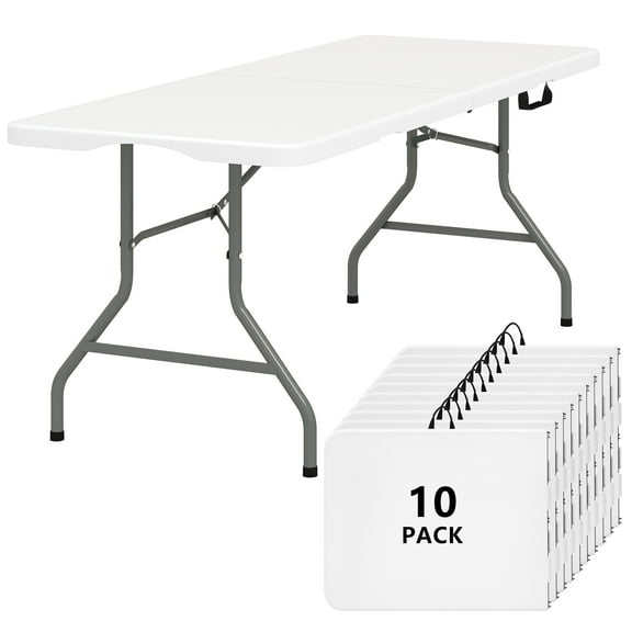 SUGIFT 6ft Folding Table 10pack Portable 6 Foot Plastic Table with Handle for Indoor Outdoor Use, White