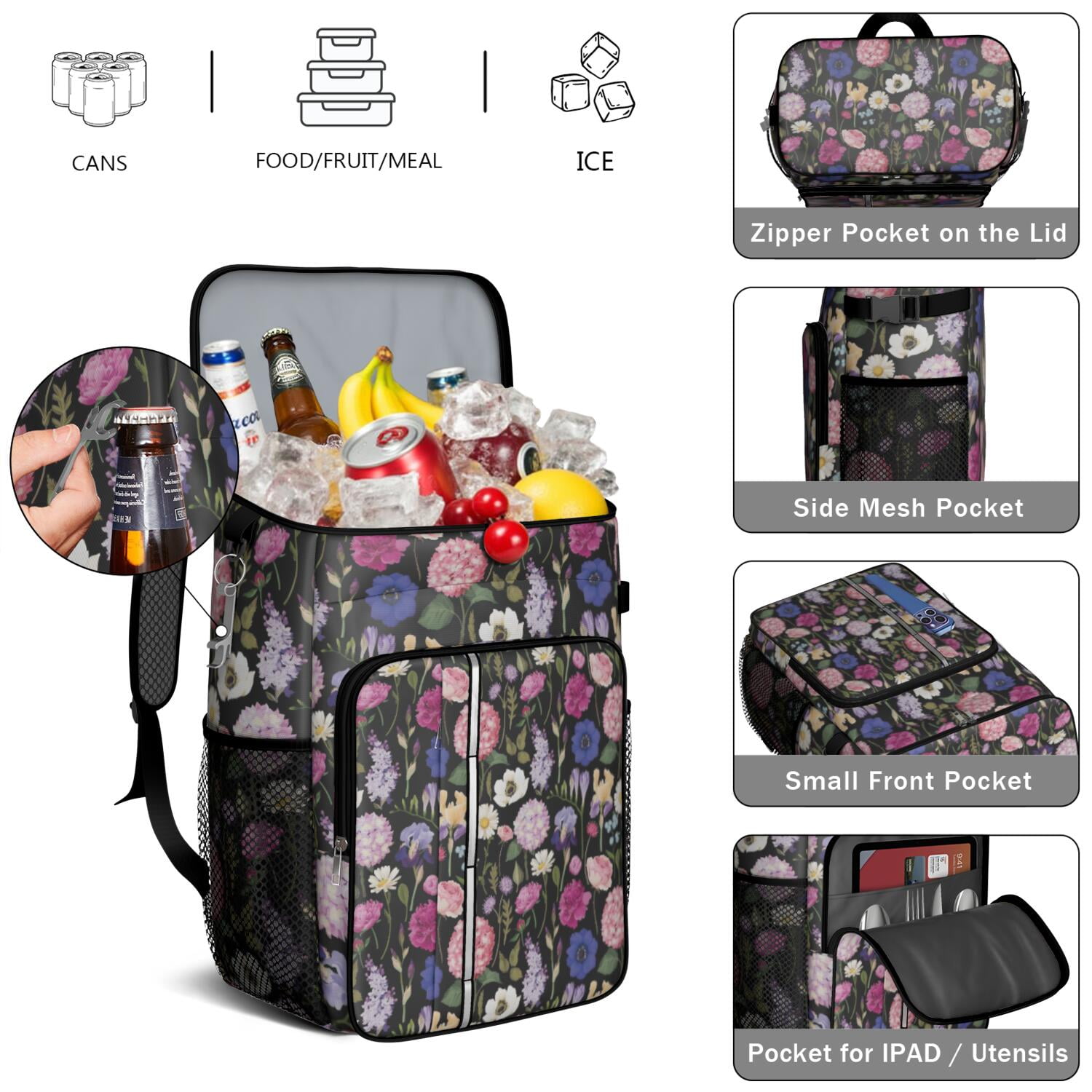 Travel Cooler Bag - Pioneer Flower Floral Print Pattern Camping Beer Cooler Backpack with Bottle Opener- Waterproof Insulated Picnic Backpacks - Cooler Bag for Beach
