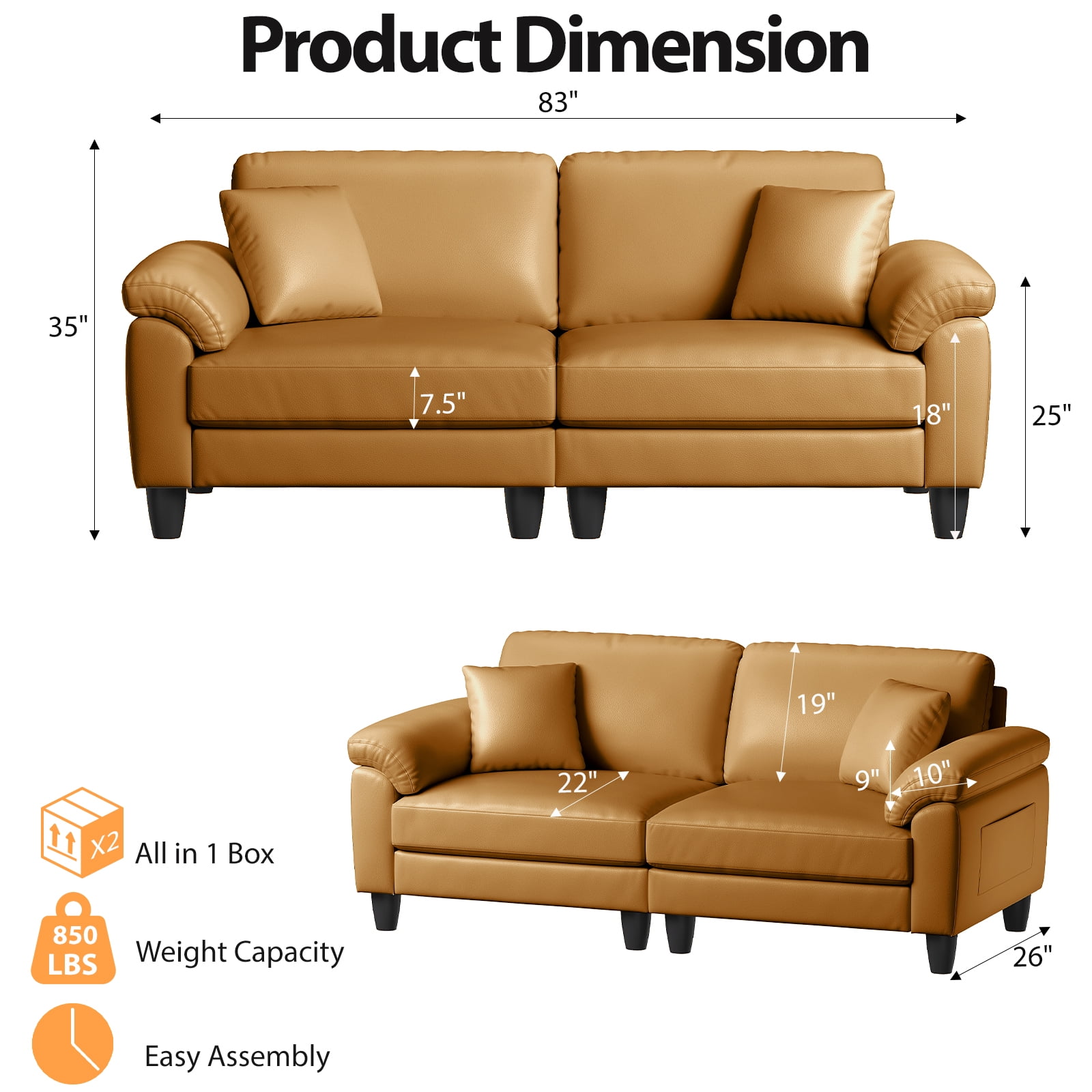 83" Couch Premium PU Leather Sofa, Deep Seat Oversized Loveseat for Living Room (Includes 2 Pillows), Brown