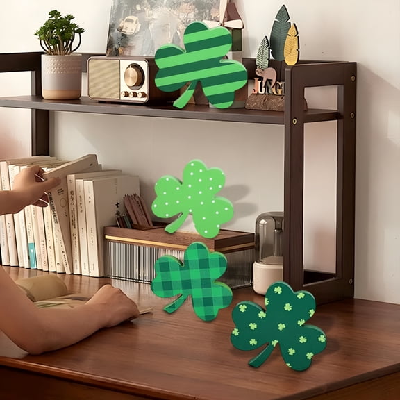 XIBUFE 2026 New St. Patrick'S Day Wooden Shamrock Table Decorations,4 Pack Pattern Clover Ornaments,Lightweight Reusable Home Shelf Party Centerpiece,Ideal Irish Festival Gift for Friends Family
