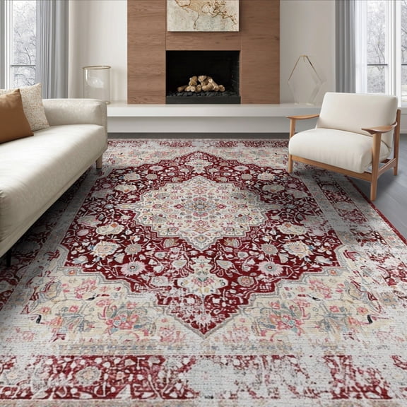 ODIKA 8'x10' Washable Area Rug Non-Shedding, Easy Care, Vintage Grey Ornate Border Distressed Throw Maroon Round Burgandy for King Size Bedroom Under Bed, Master Suite