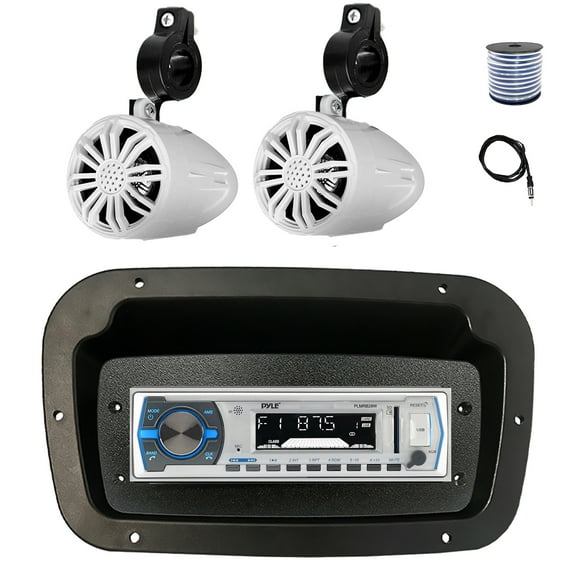 Pyle PLMRB29W Single DIN Bluetooth Marine MP3 Stereo Receiver, Spa bezel, Adapter Plate, 22" Radio Antenna, Wire, 2x 2.25" 10W Max Full Range Waterproof Off-Road Audio Speakers (White)