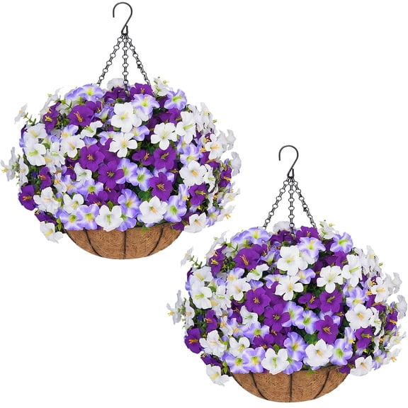 2 Set Artificial Petunias Flowers with Hanging Baskets, 24 Pcs Silk Petunia UV Resistant Purple Faux Petunias Flowers with Hanging Planter for Front Door Porch Outside Decor (2, Purple)
