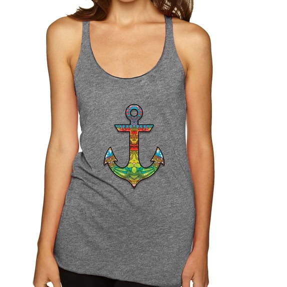 Trippy Mandala Nautical Colorful Mosaic Anchor | Womens Fashion Premium Tri-Blend Racerback Tank Top, Premium Heather, Large