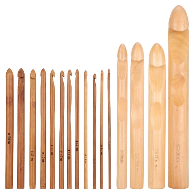 16Pcs Crochet Hook Set Wooden Bamboo Cylindrical Knitting Needle Weaving Tools