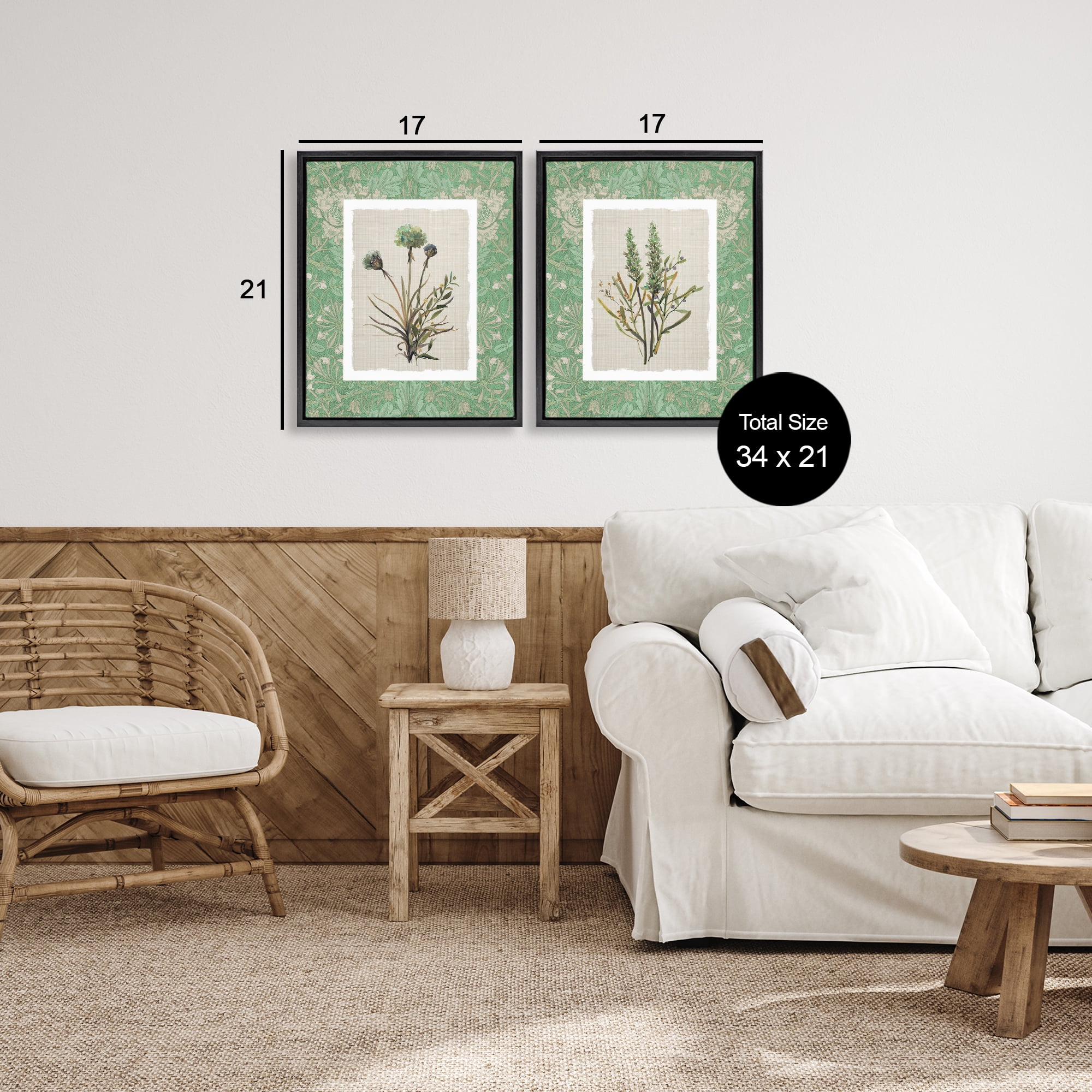 Stupell Industries Green Tone Herbal Blooms 2 Piece Black Framed Floater Canvas Set, design by Carol Robinson