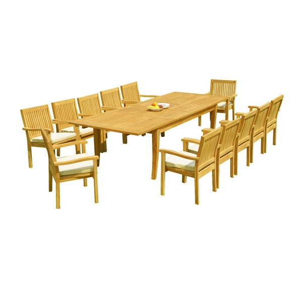 Grade-A Teak Dining Set: 12 Seater 13 Pc: 122" Atnas Rectangle Table And 12 Leveb Stacking Arm Chairs Outdoor Patio WholesaleTeak #51LV2813
