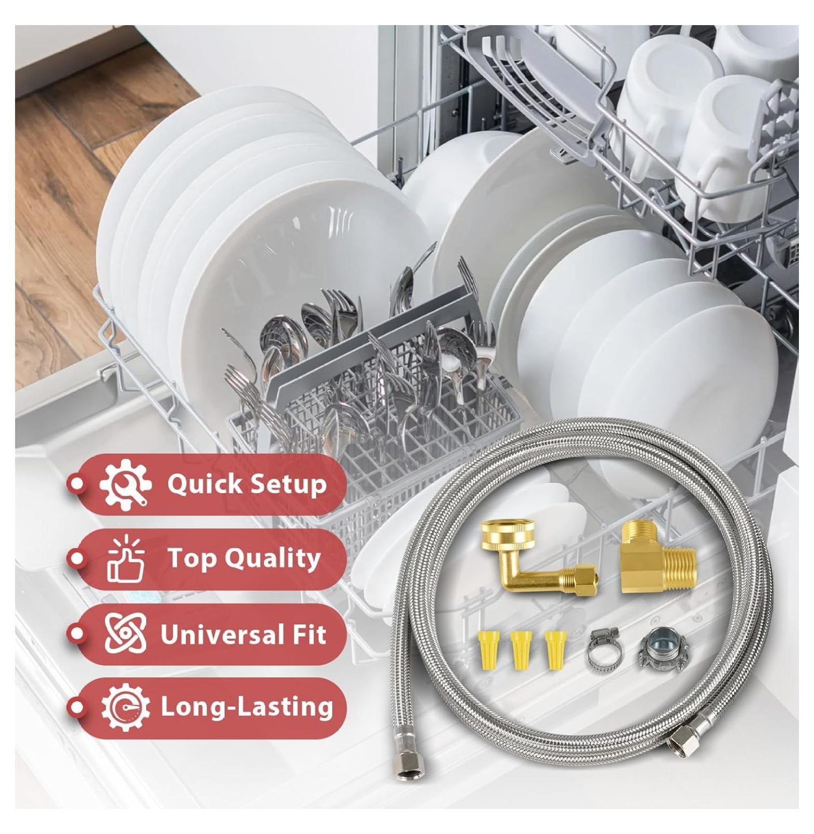 (2 Kit) Dishwasher Installation Kit, 6 FT Stainless Steel Supply Hose, 3/8" X 3/8" Compression Adapter, 3-Wire 6” Power Cord with Tap,(HOSE149-2PCS)