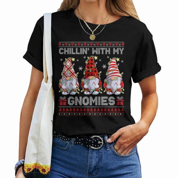 Chillin With My Gnomies Ugly Christmas Sweater Pajama Graphic Tee Unisex Adult Cotton Holiday Winter T-Shirt, Size XL, Color Black