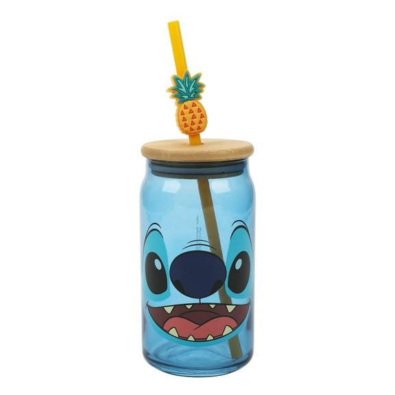 Disney Stitch Big Face 15 Oz Blue Glass Bottle With Straw & Lid