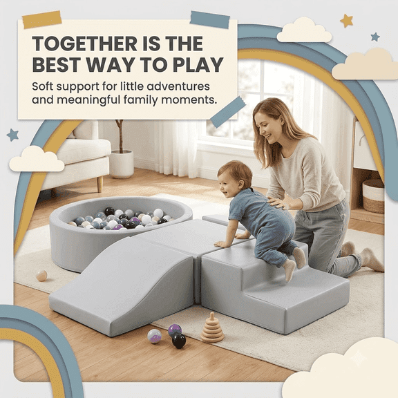 Sisticker Toddler Climbing Toys, Soft Play Set, Foam Climbing Blocks with Double Slide and Bottomless Ball Pit, 4-Piece Indoor Play Equipment, Wipe-Clean PU Leather, Gray, 59.1 x 48.3 x 8.1 in