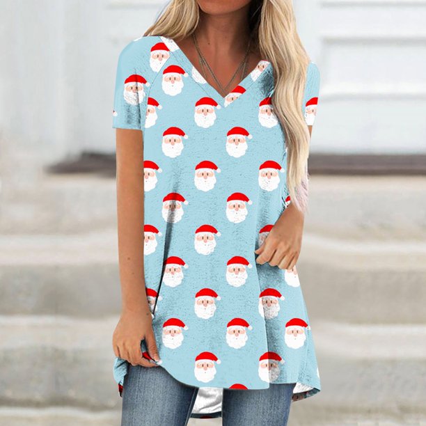 Puntoco Blusa de cuello en V con mangas raglán cortas y espalda larga con estampado navideño informal a la moda para mujer