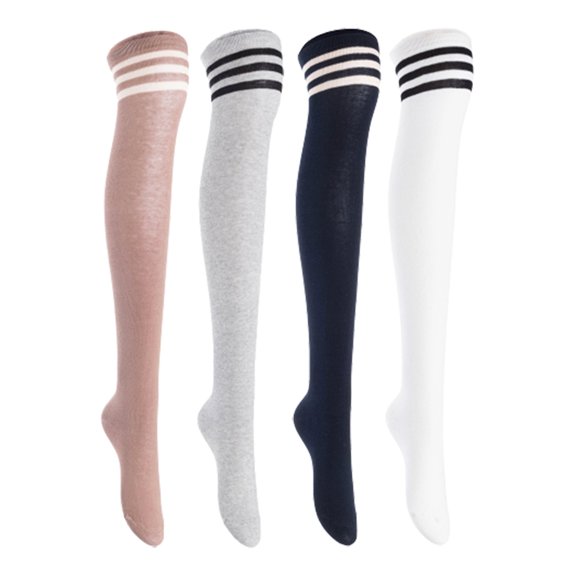 Lian LifeStyle Women's 4 Pairs Adorable Comfortable Soft Thigh High Over Knee High Cotton Socks, Size 6-9, JMYP1022 Khaki, LightGrey, Navy, White