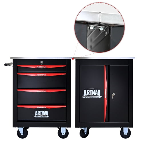 POVANLI 4 Drawer Portable Tool Box With Wheels,Tool Chest With Key Locking Tool Boxes/Organizers Black&Red