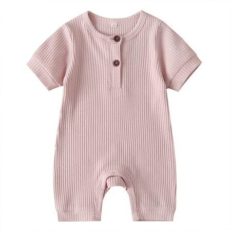 

Jusbysis Newborn Baby Short Sleeve Cotton Jumpsuit Solid Color Knit Rib O Neck Button Romper 0M 3M 6M 9M 12M 18M Infant Outfits