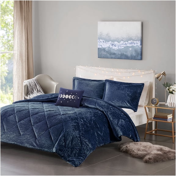 JERFIT Navy Diamond Quilted Crushed Velvet Comforter Set, Full/Queen Bedding Set with 2 Shams & Decorative Pillow, Hypoallergenic